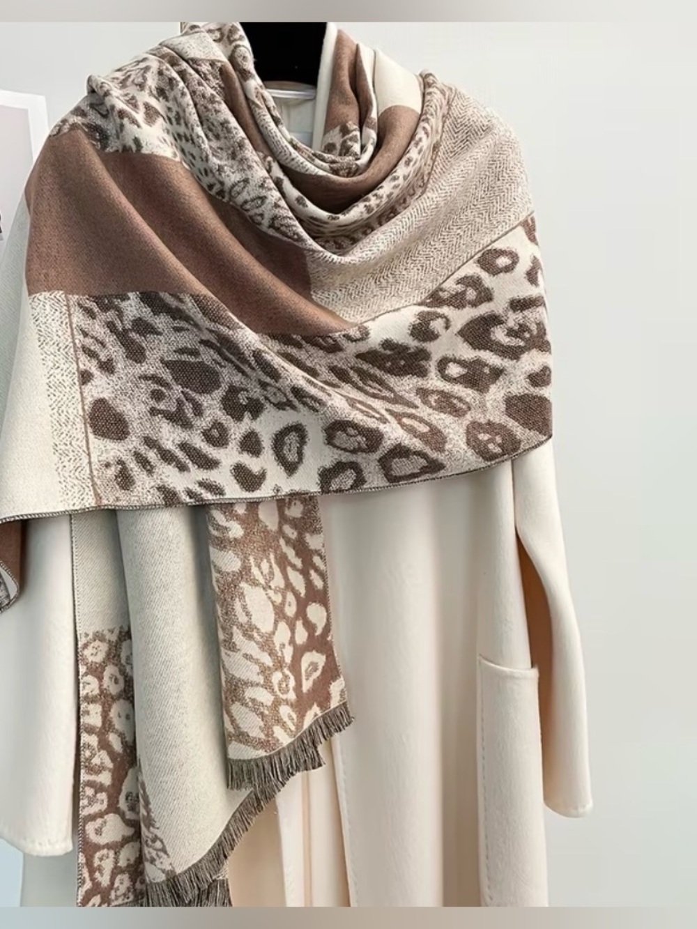 Leopard-Print Wrap Scarf in Brown and Cream